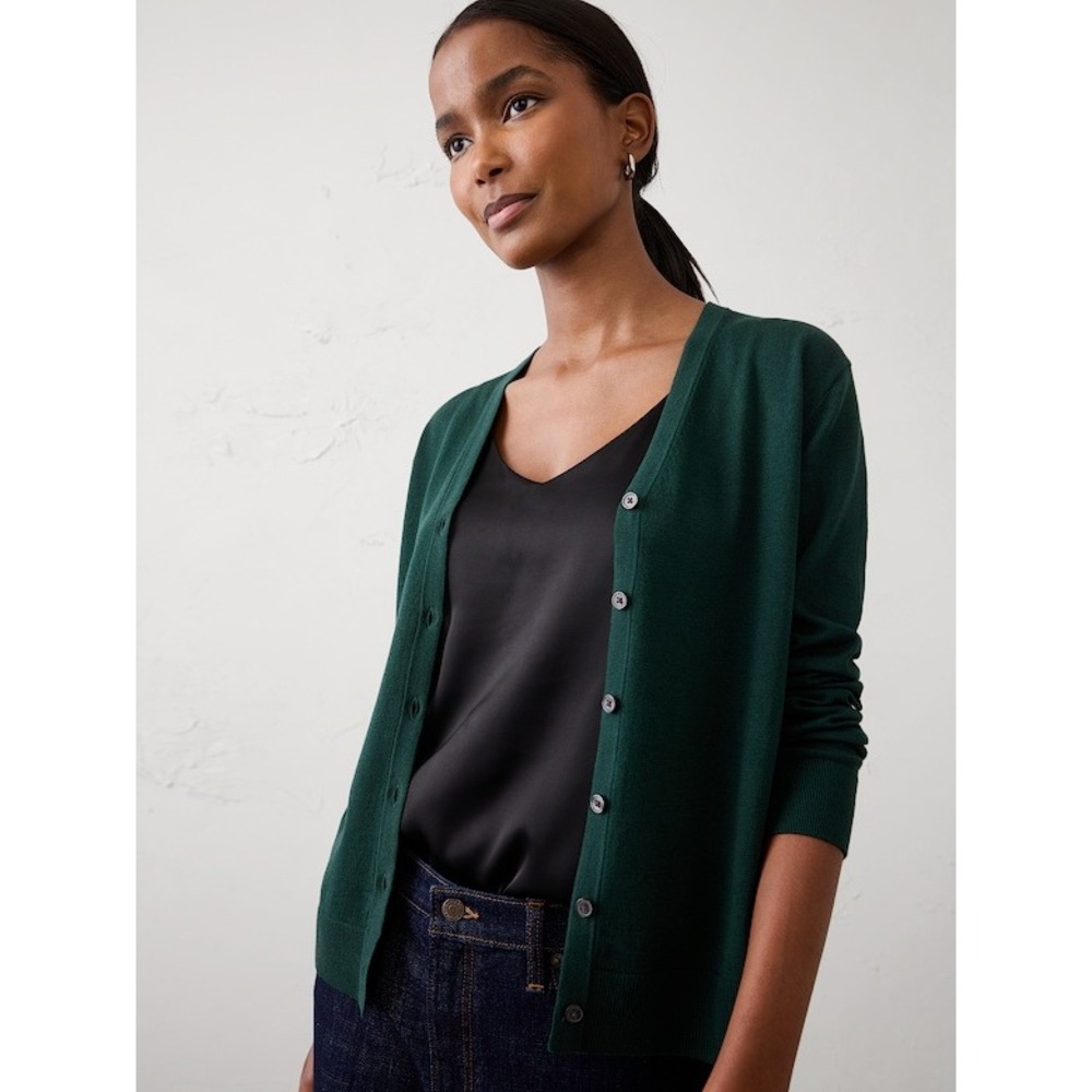 Banana Republic Women Cardigan S Green Cotton Rayon Forever Sweater V-Neck